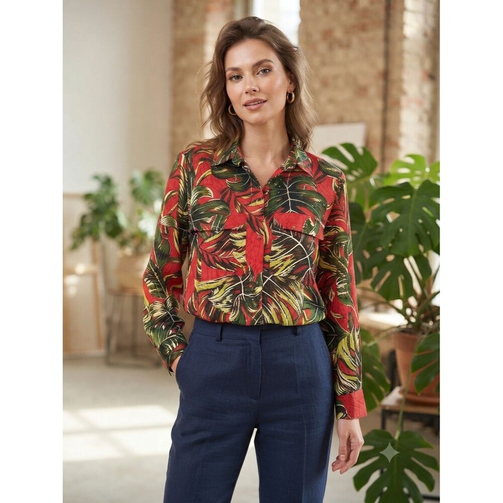Le Lis Blanc Tropical Palm Print Button-Up Blouse, 100% Cotton, Size 38 (NWOT)